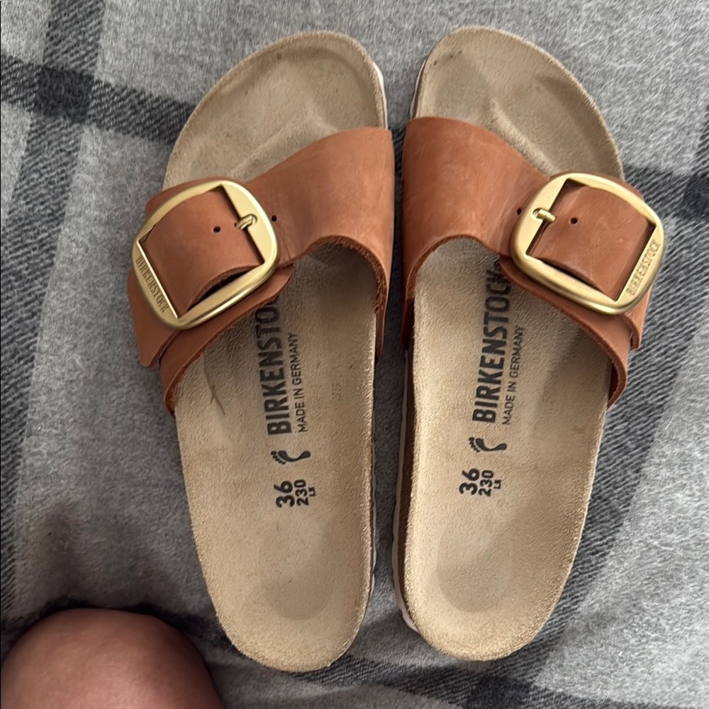 Birkenstock Tan Sandals with Gold Buckle